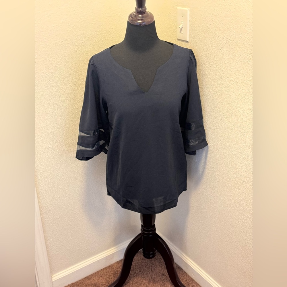 2 FOR $20 Dreamly Navy Blue Blouse Top Wide Sleeve V Neck Flowy S Small NEW - Picture 2 of 13